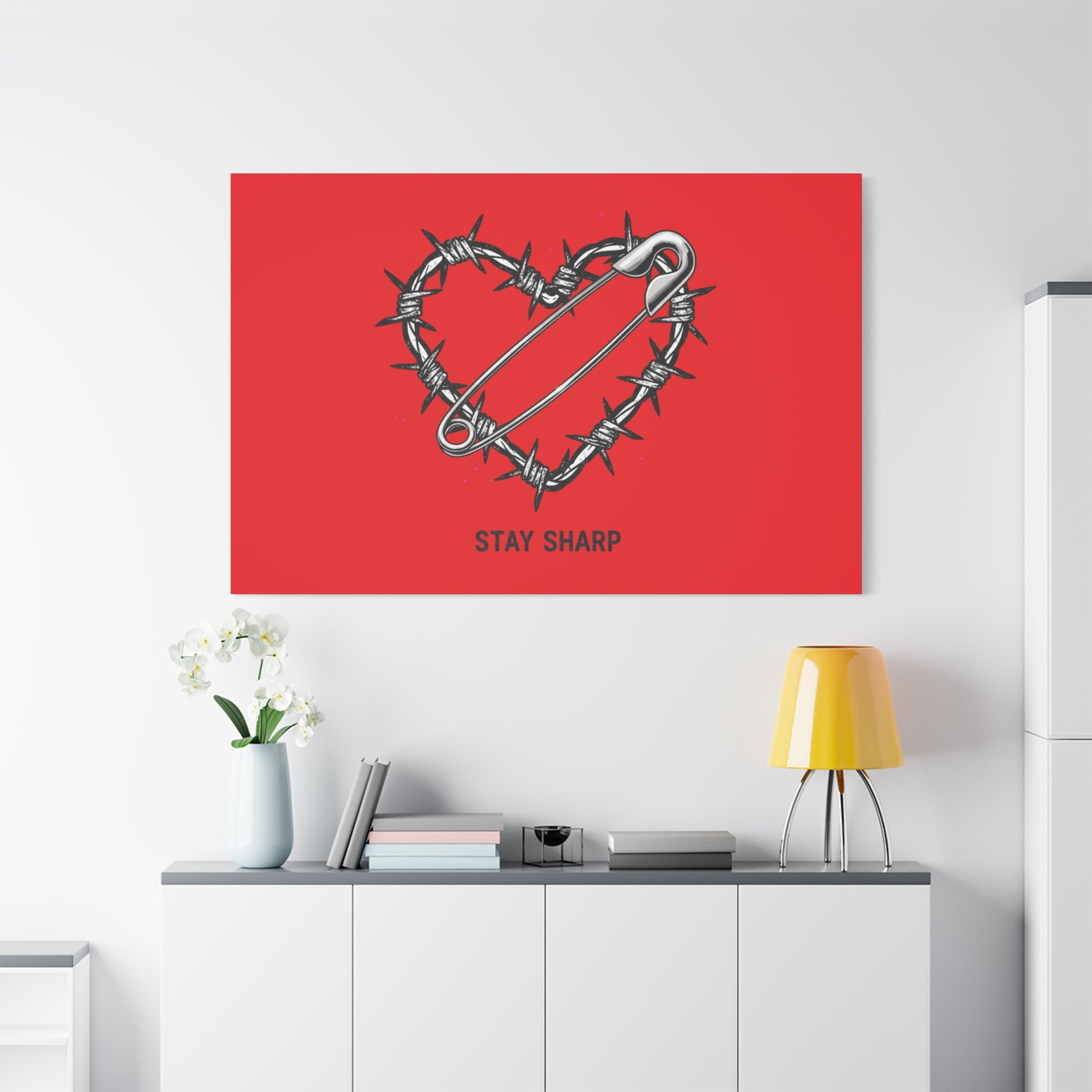 Stay Sharp Barbed Wire Heart Canvas | safety pin art, punk motif