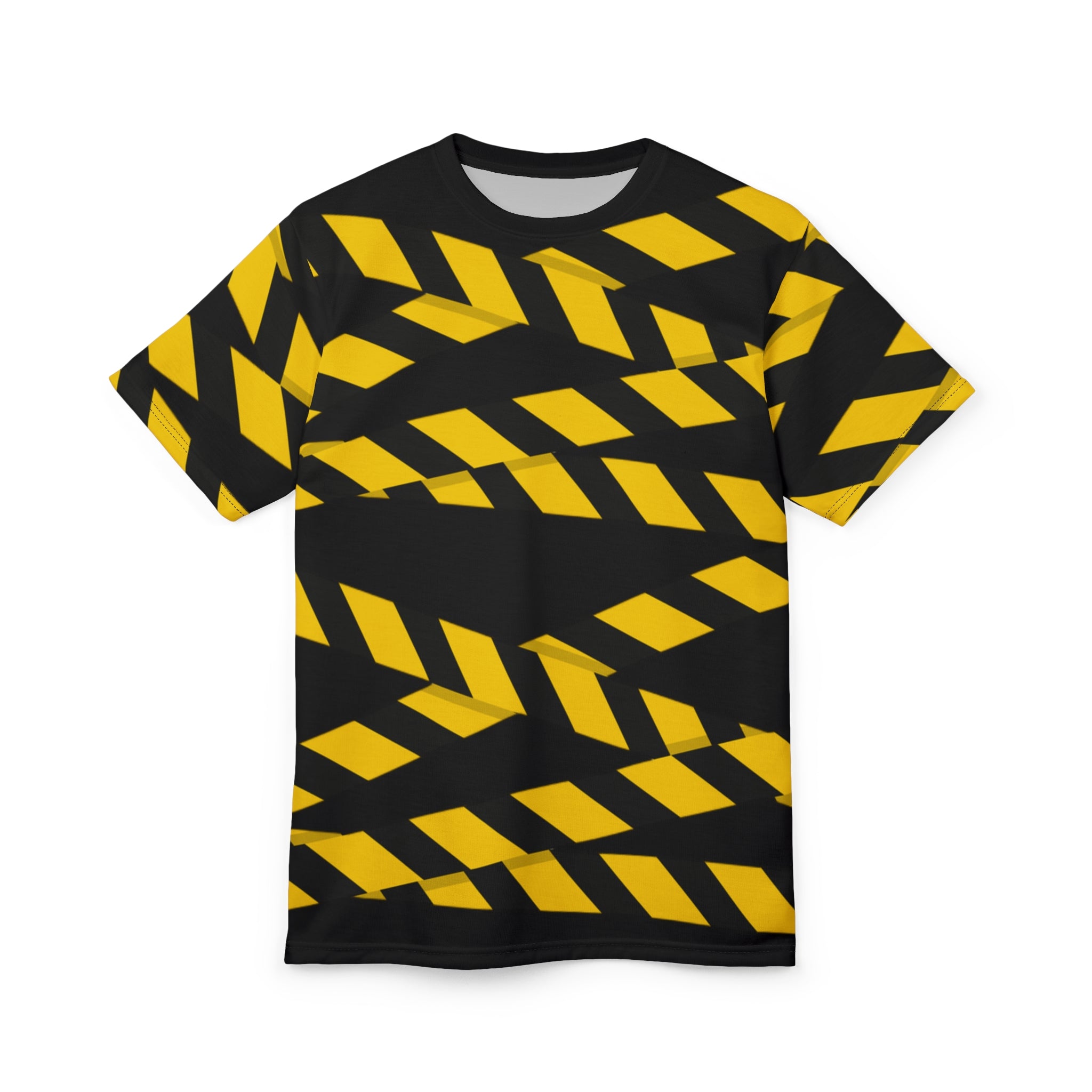 Caution Tape Graphic Tee — Yellow Black Warning Stripe Shirt