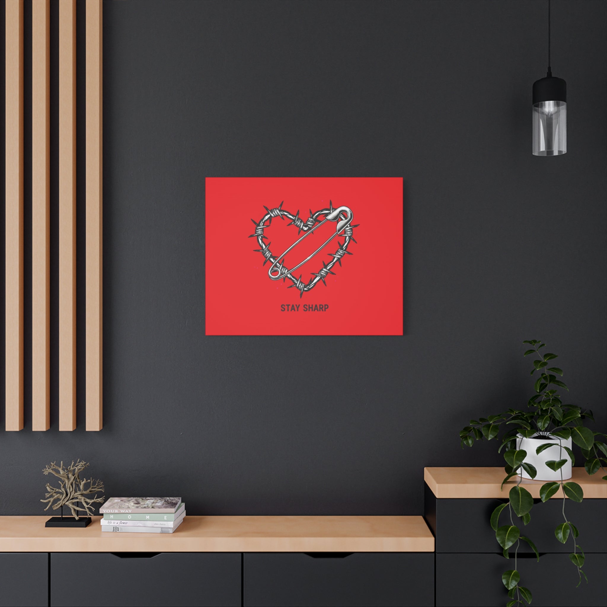 Stay Sharp Barbed Wire Heart Canvas | safety pin art, punk motif