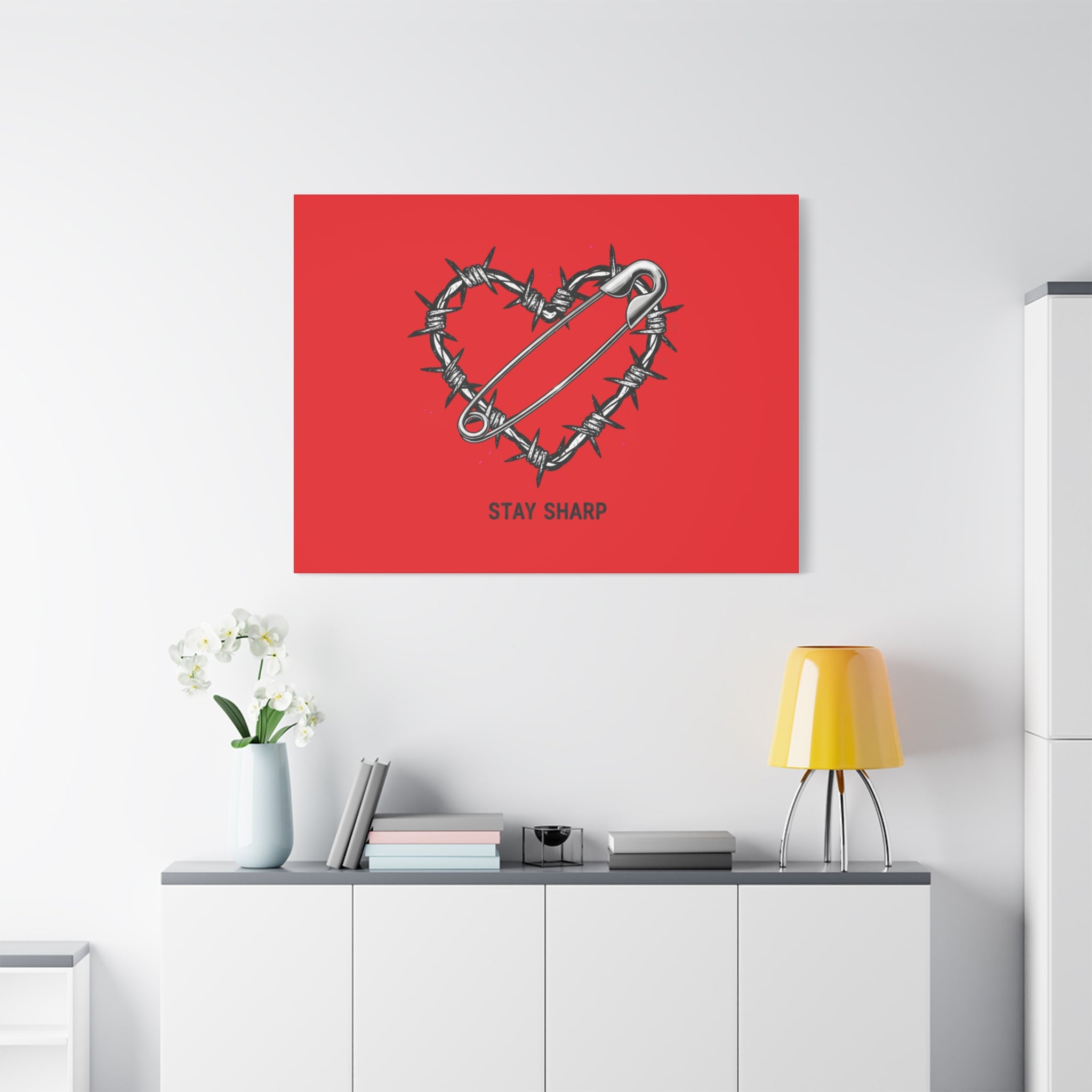 Stay Sharp Barbed Wire Heart Canvas | safety pin art, punk motif