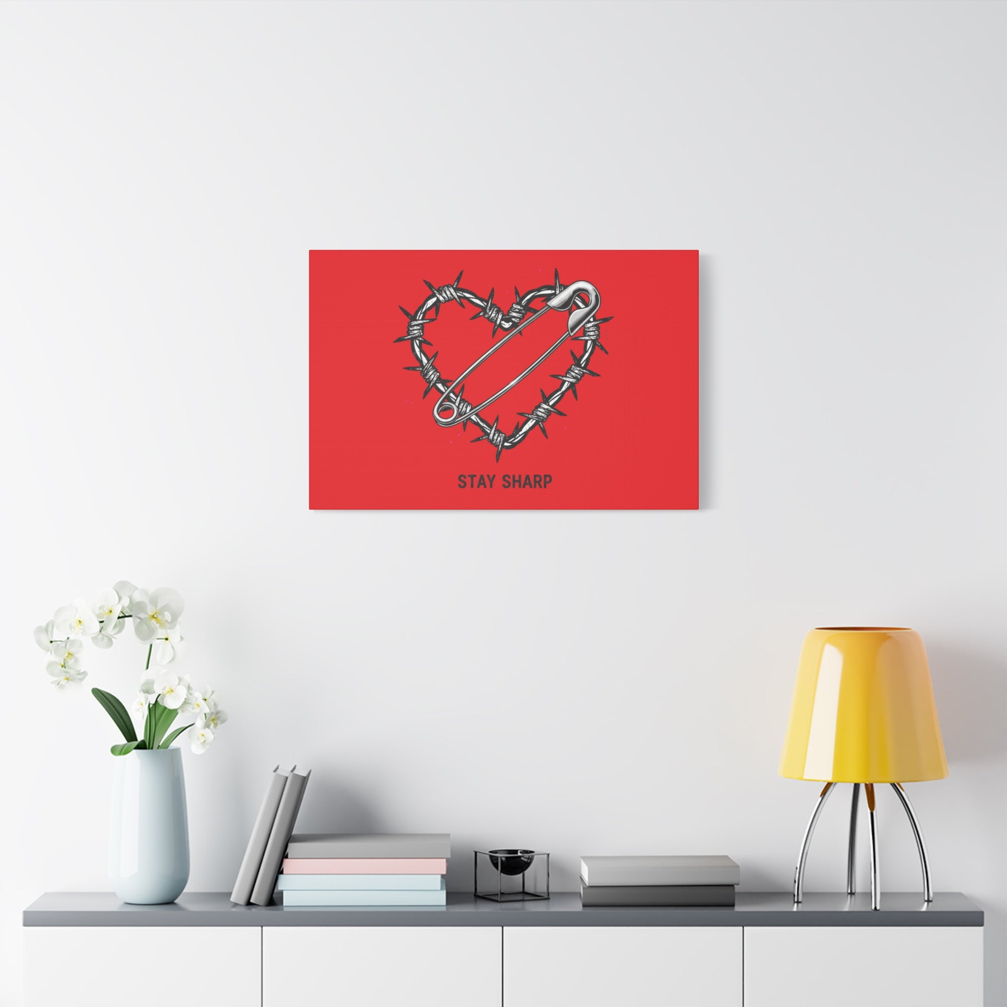 Stay Sharp Barbed Wire Heart Canvas | safety pin art, punk motif