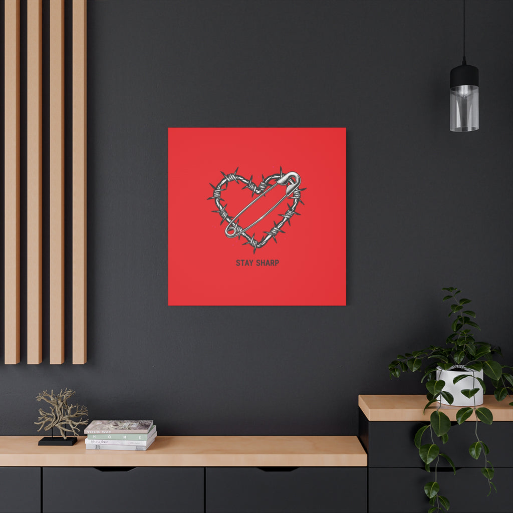 Stay Sharp Barbed Wire Heart Canvas | safety pin art, punk motif