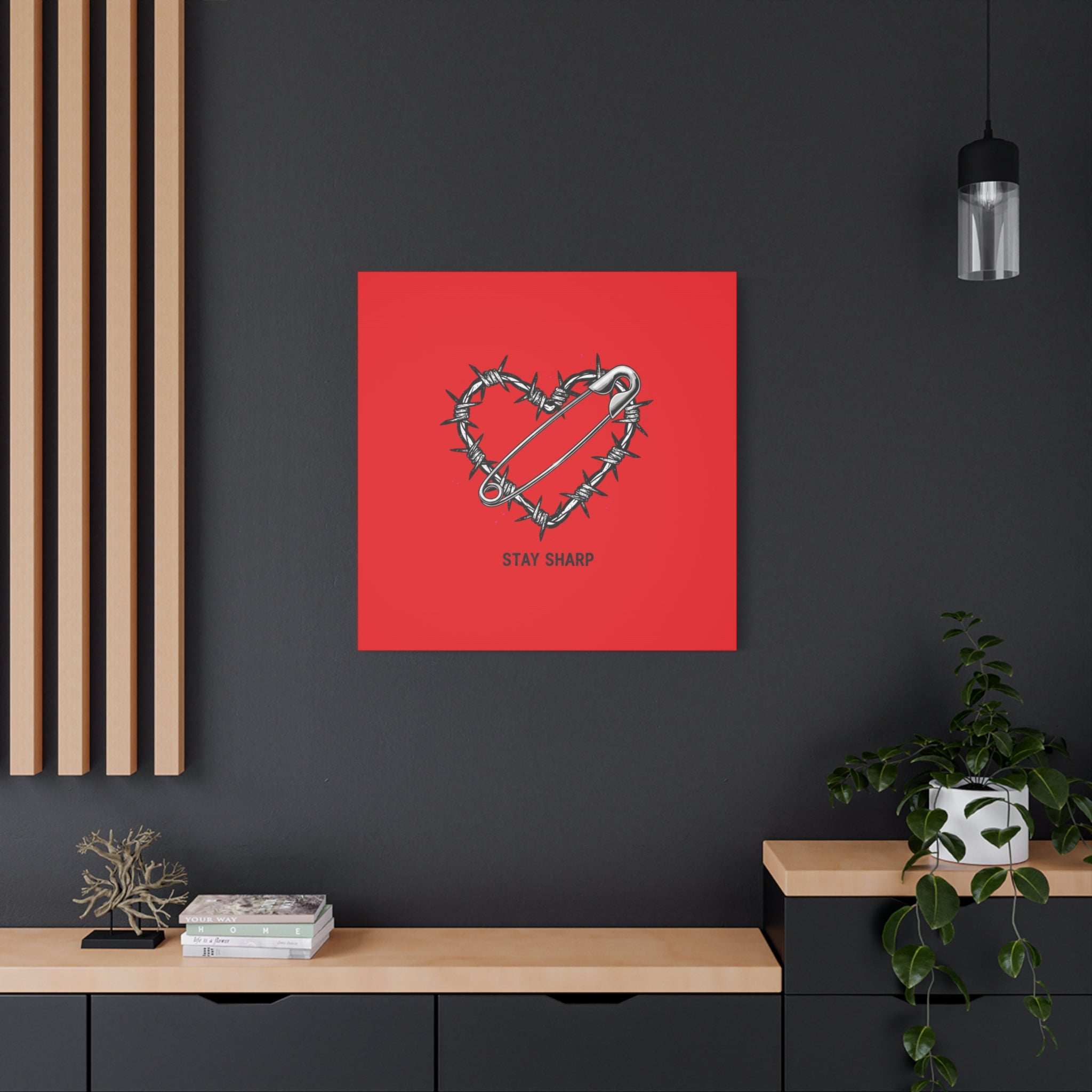 Stay Sharp Barbed Wire Heart Canvas | safety pin art, punk motif