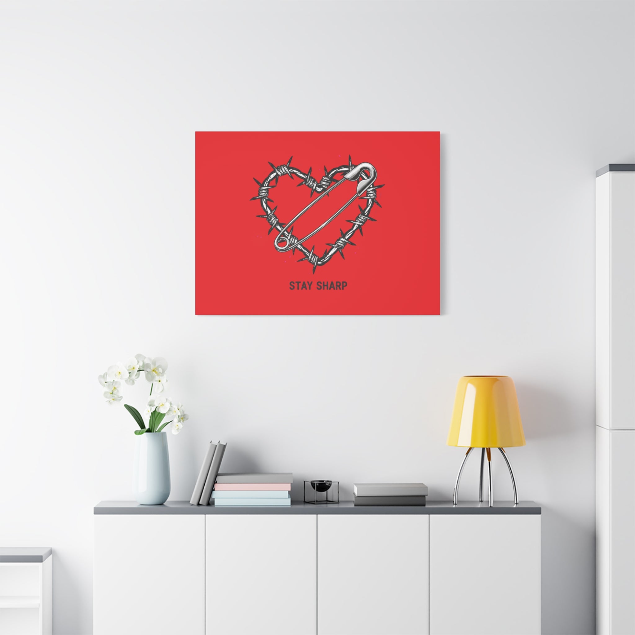 Stay Sharp Barbed Wire Heart Canvas | safety pin art, punk motif