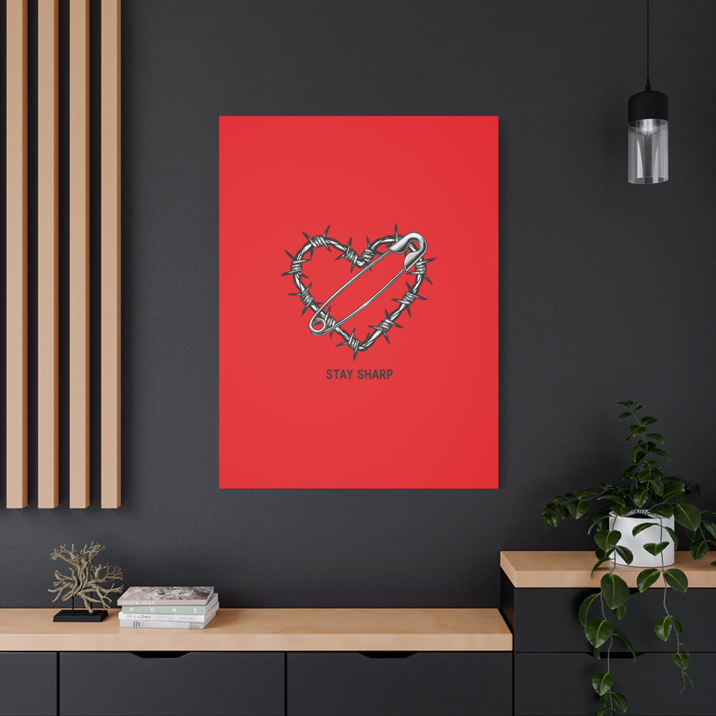 Stay Sharp Barbed Wire Heart Canvas | safety pin art, punk motif