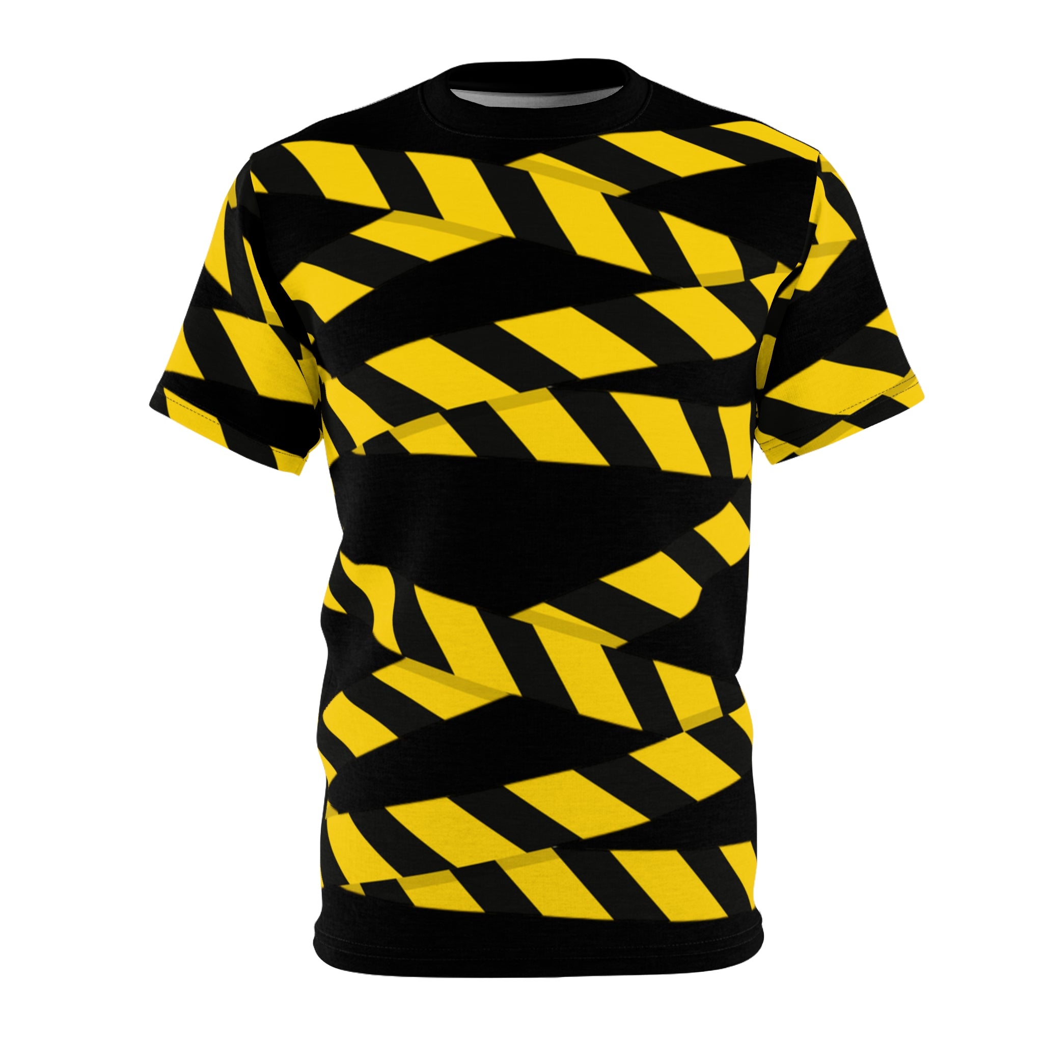 Caution Tape Graphic Tee — Yellow Black Warning Stripe Shirt