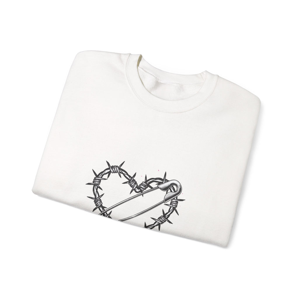 Barbed Wire Heart Crewneck Sweatshirt | safety pin art, punk motif