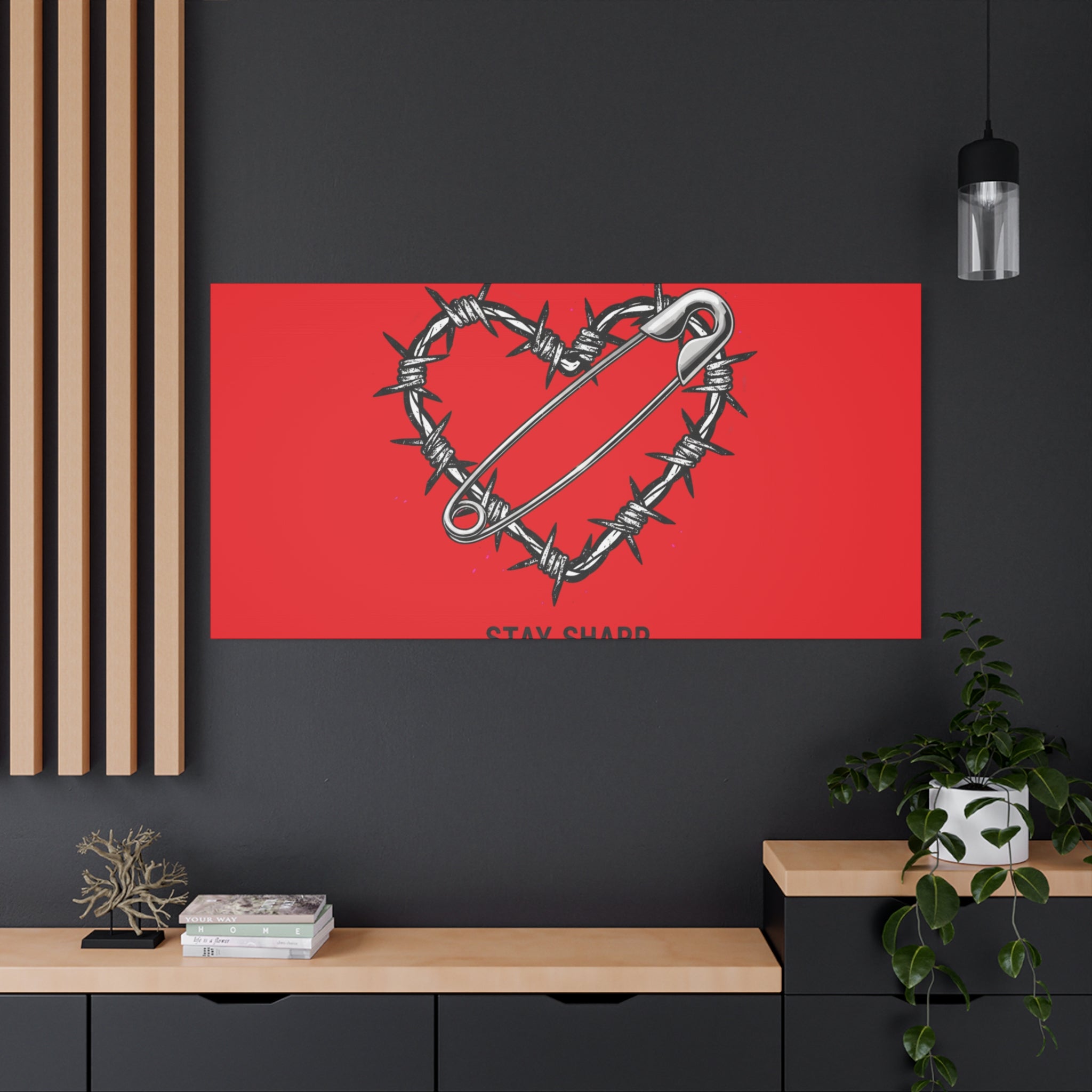 Stay Sharp Barbed Wire Heart Canvas | safety pin art, punk motif