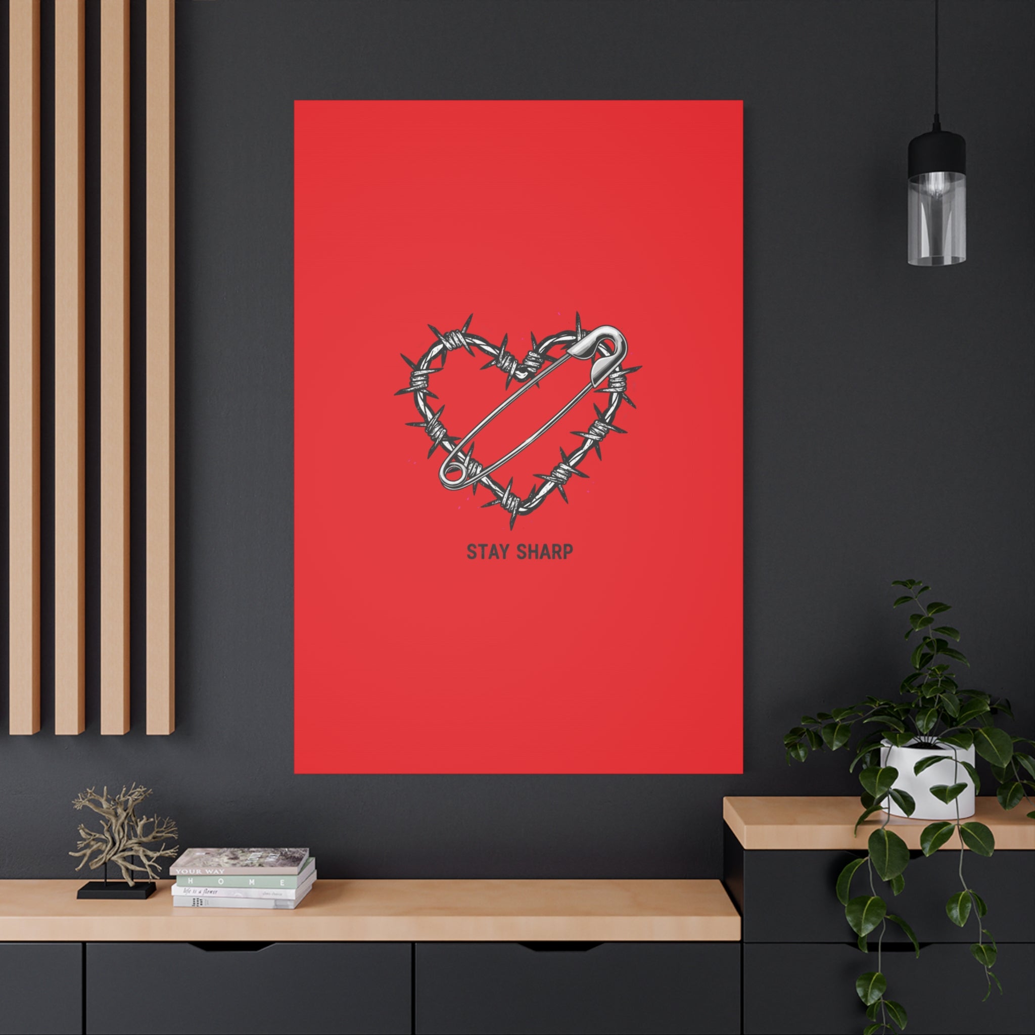Stay Sharp Barbed Wire Heart Canvas | safety pin art, punk motif
