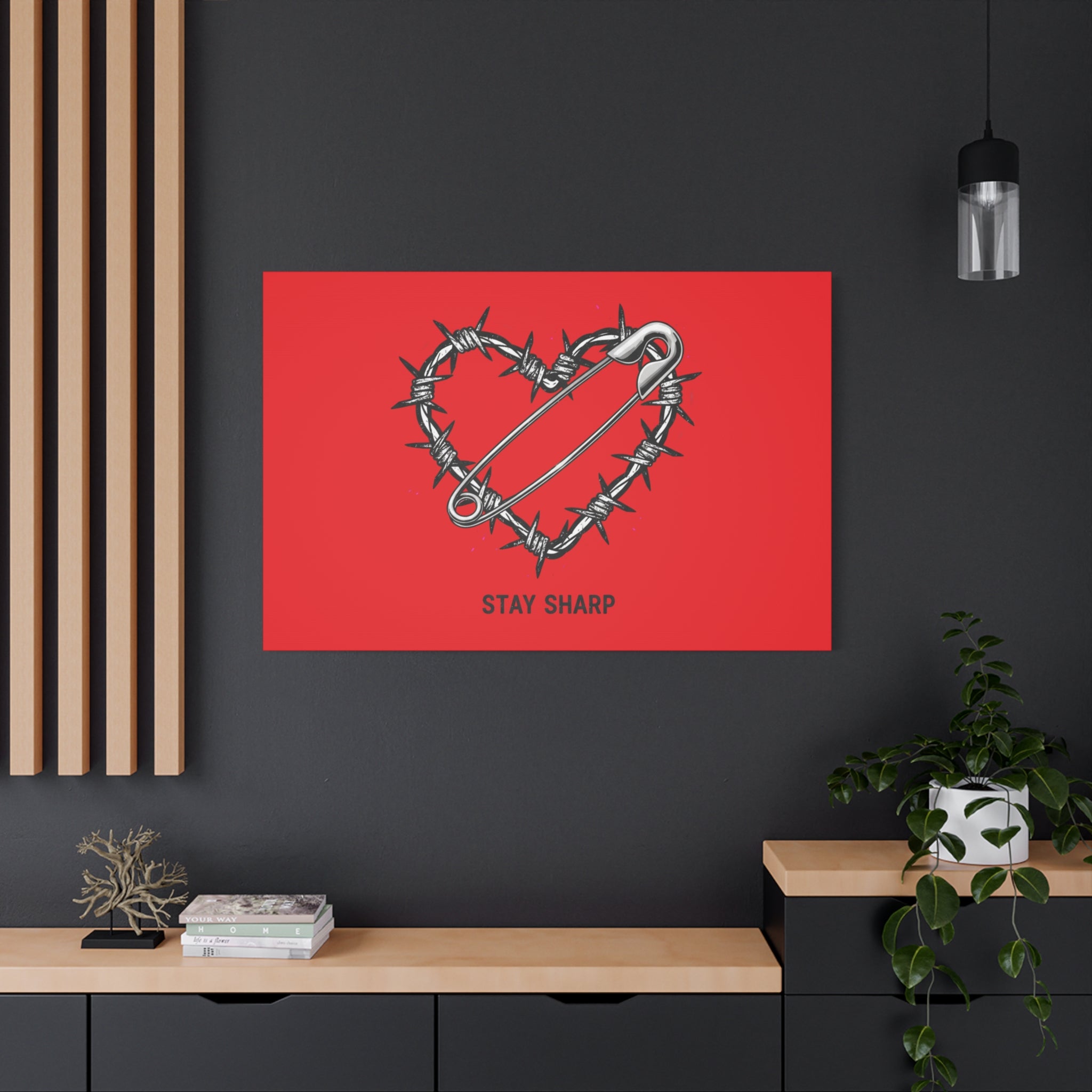 Stay Sharp Barbed Wire Heart Canvas | safety pin art, punk motif