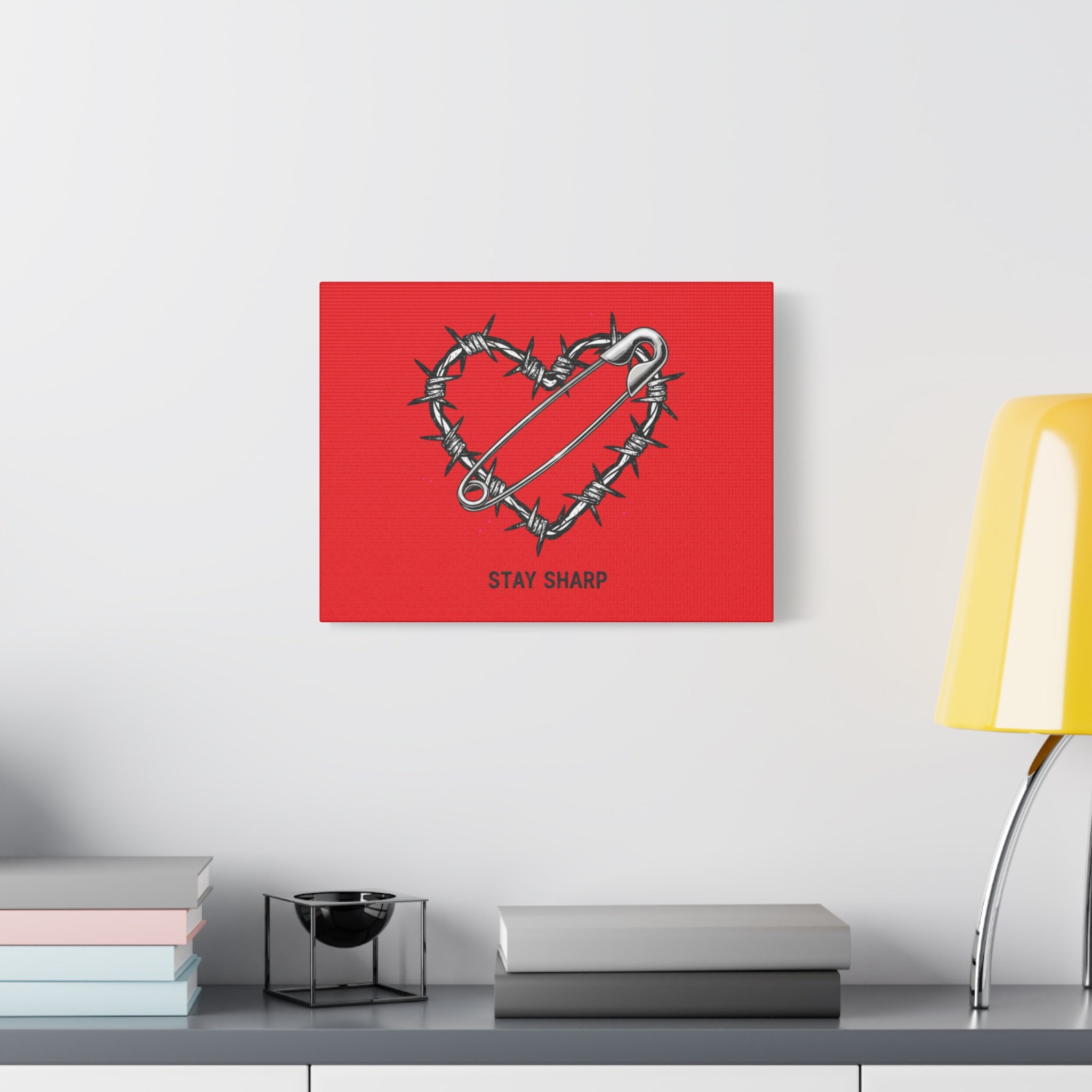 Stay Sharp Barbed Wire Heart Canvas | safety pin art, punk motif