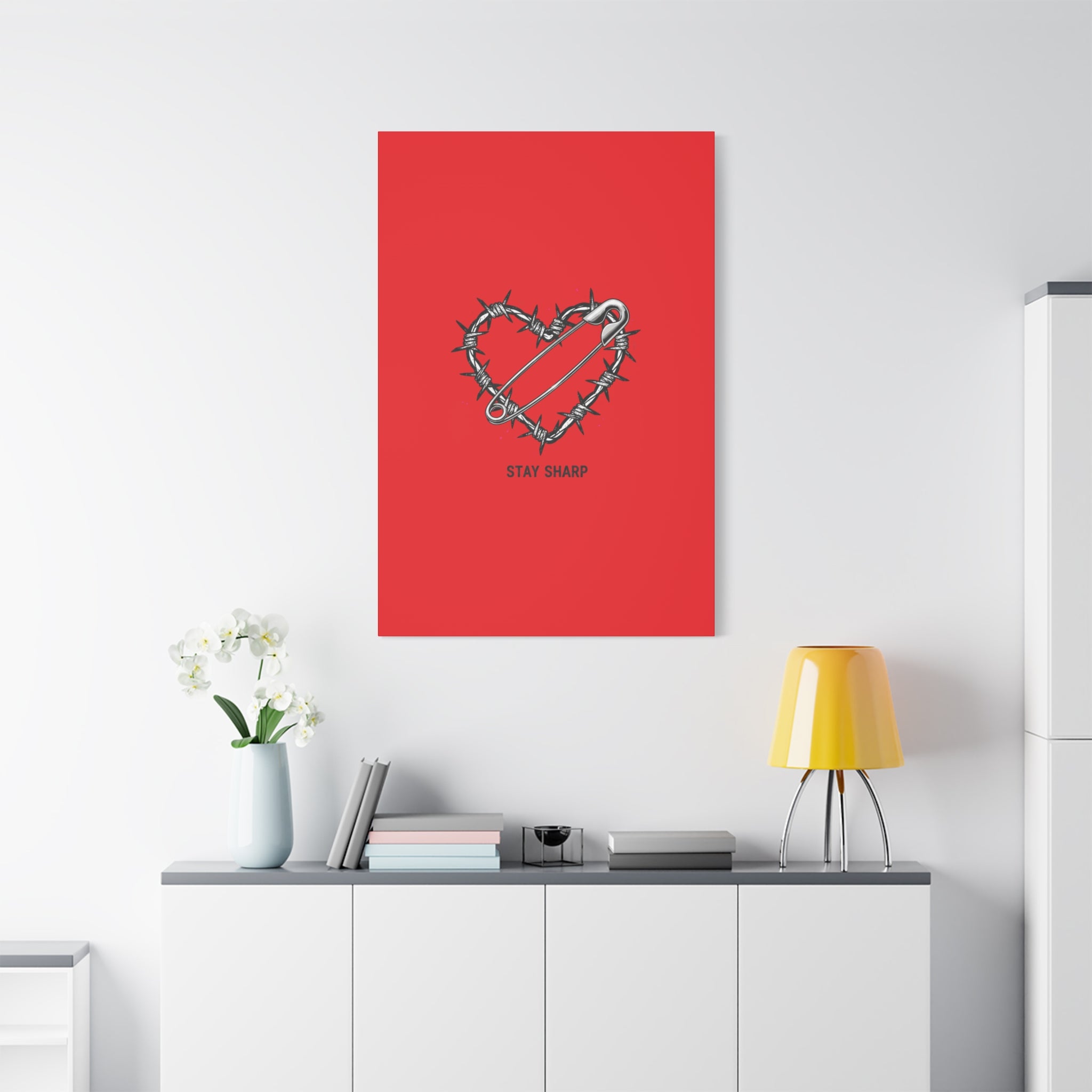 Stay Sharp Barbed Wire Heart Canvas | safety pin art, punk motif
