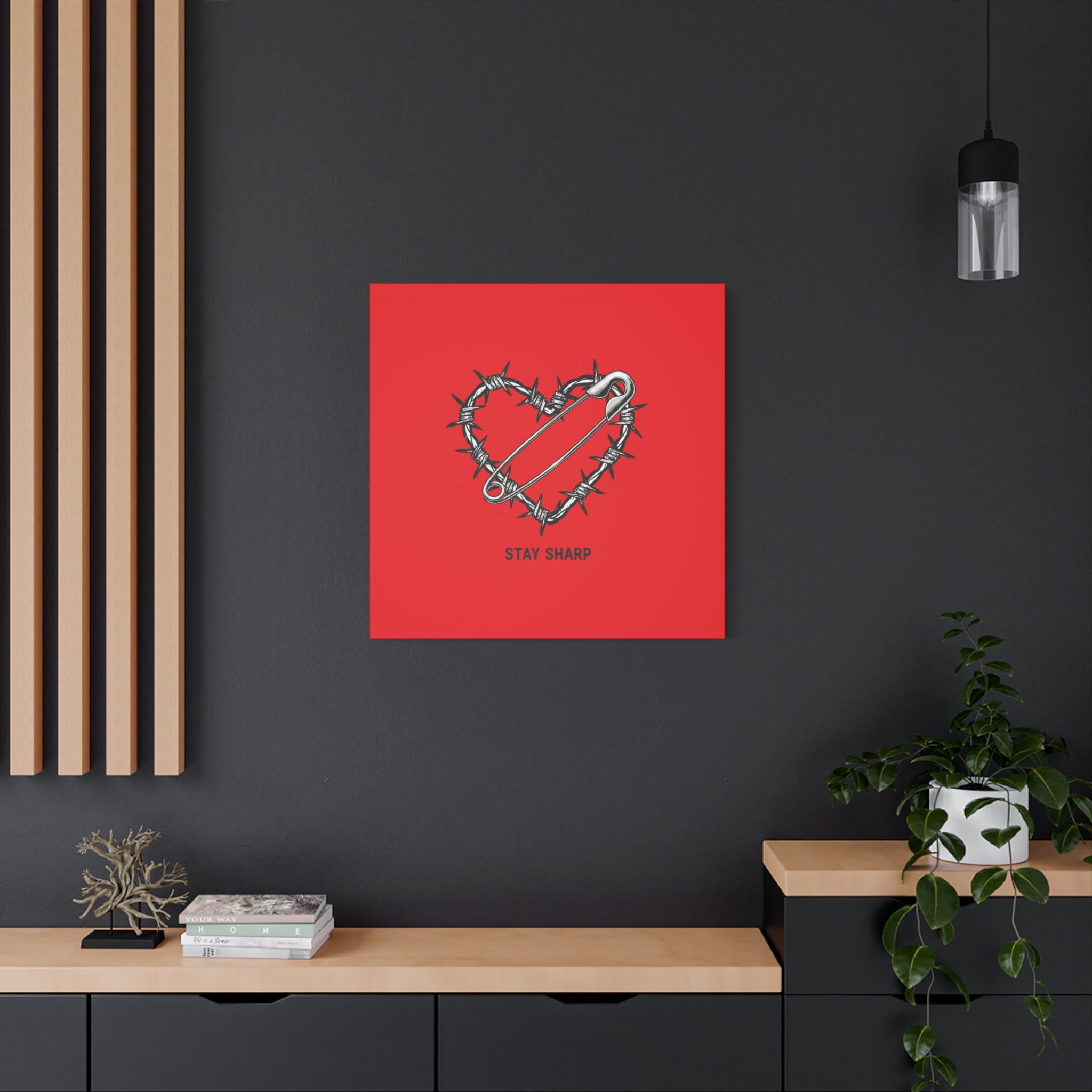 Stay Sharp Barbed Wire Heart Canvas | safety pin art, punk motif