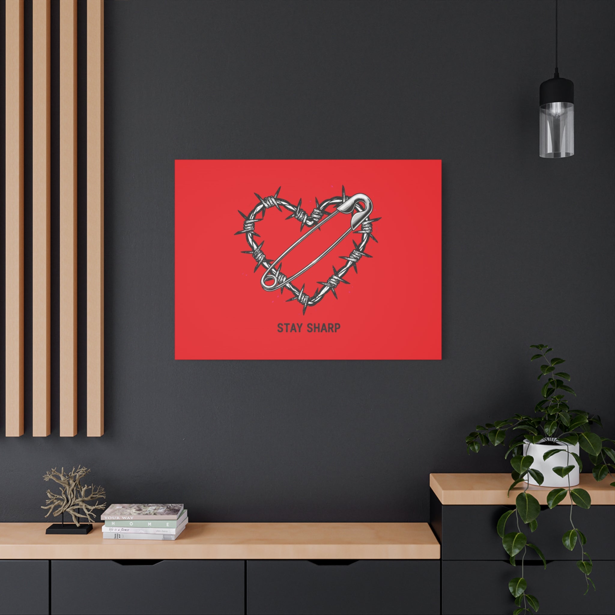 Stay Sharp Barbed Wire Heart Canvas | safety pin art, punk motif