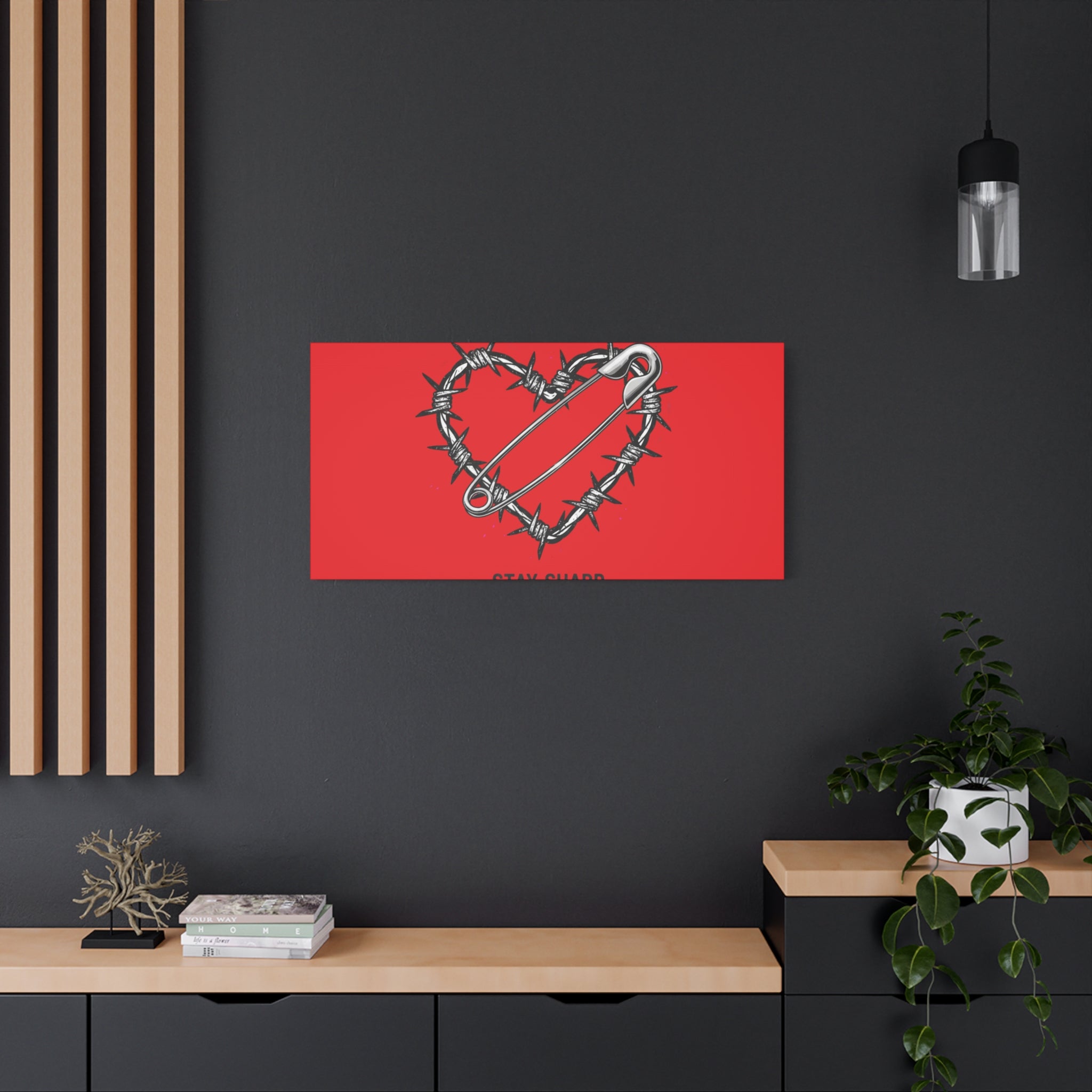 Stay Sharp Barbed Wire Heart Canvas | safety pin art, punk motif