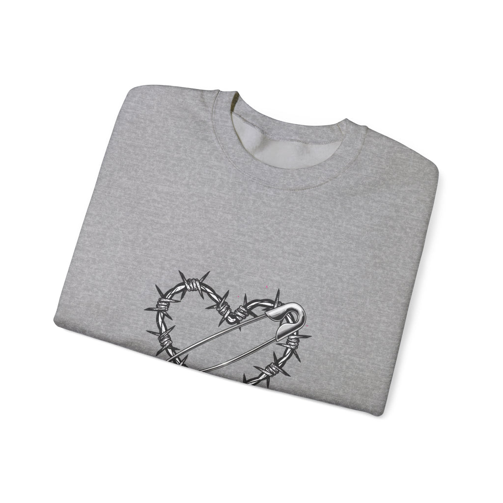Barbed Wire Heart Crewneck Sweatshirt | safety pin art, punk motif