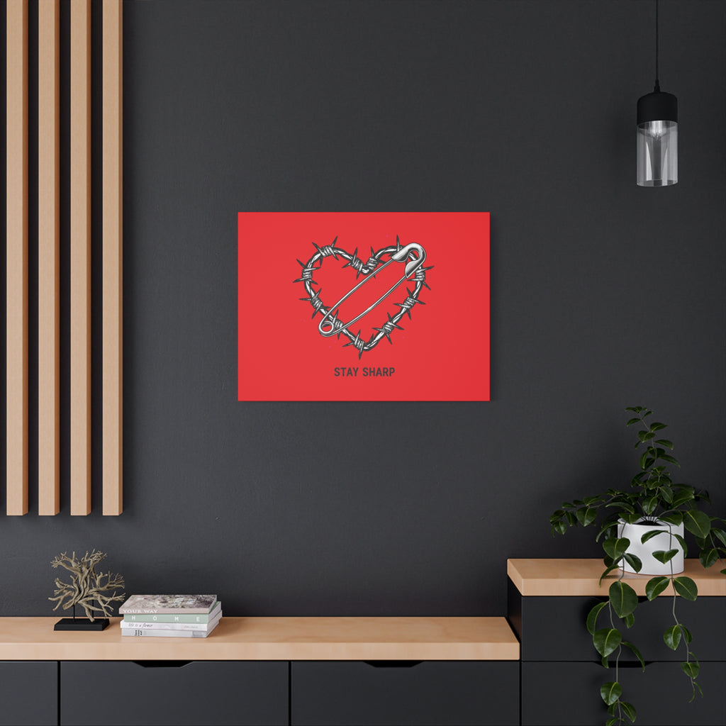 Stay Sharp Barbed Wire Heart Canvas | safety pin art, punk motif