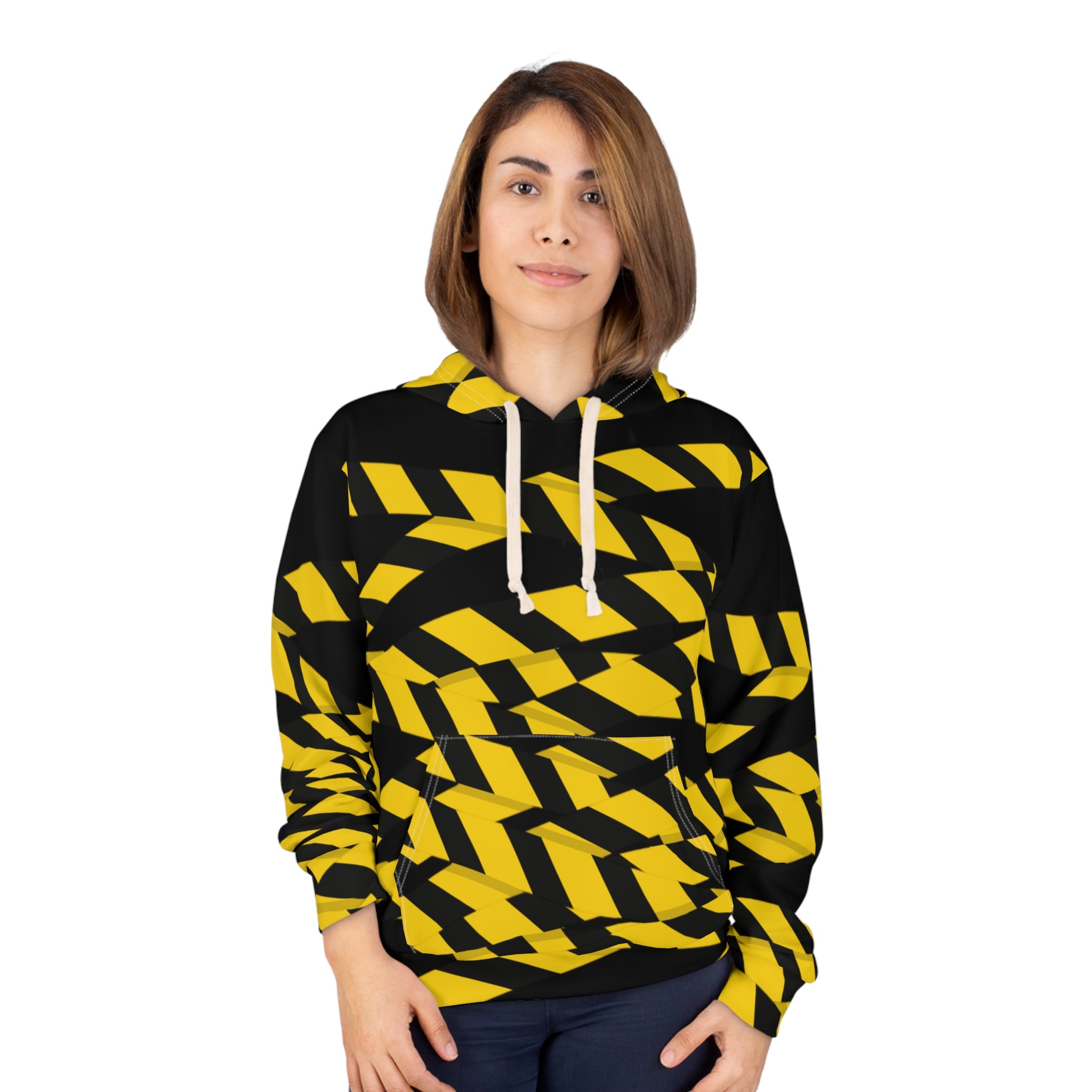 Hoodie - Black & Yellow Caution Stripe All-Over Print