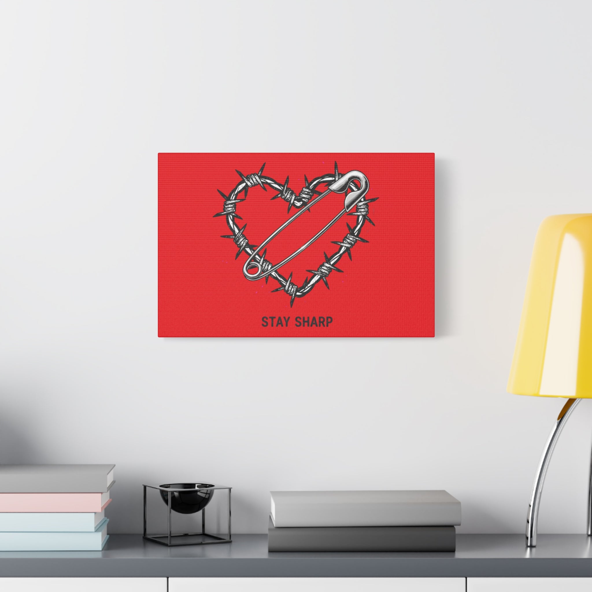 Stay Sharp Barbed Wire Heart Canvas | safety pin art, punk motif