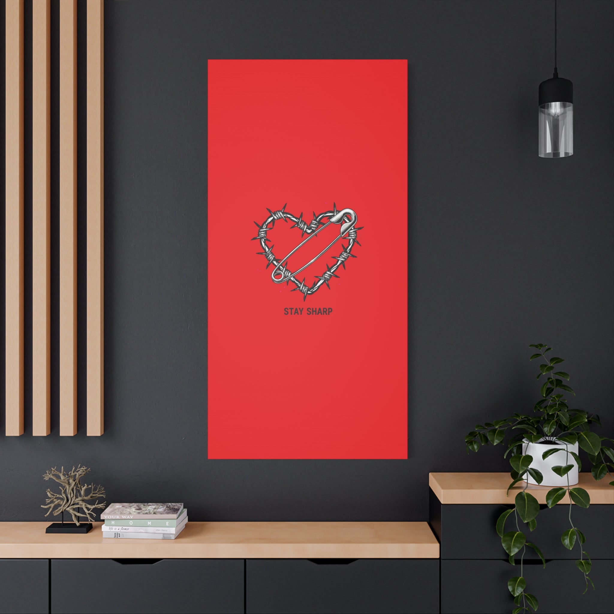 Stay Sharp Barbed Wire Heart Canvas | safety pin art, punk motif