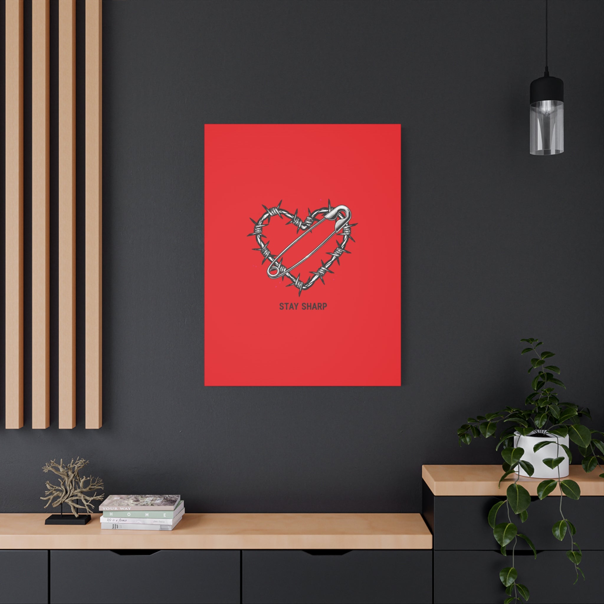 Stay Sharp Barbed Wire Heart Canvas | safety pin art, punk motif