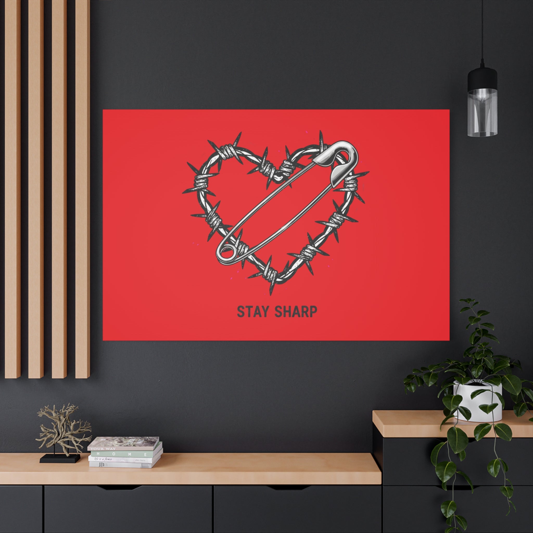 Stay Sharp Barbed Wire Heart Canvas | safety pin art, punk motif