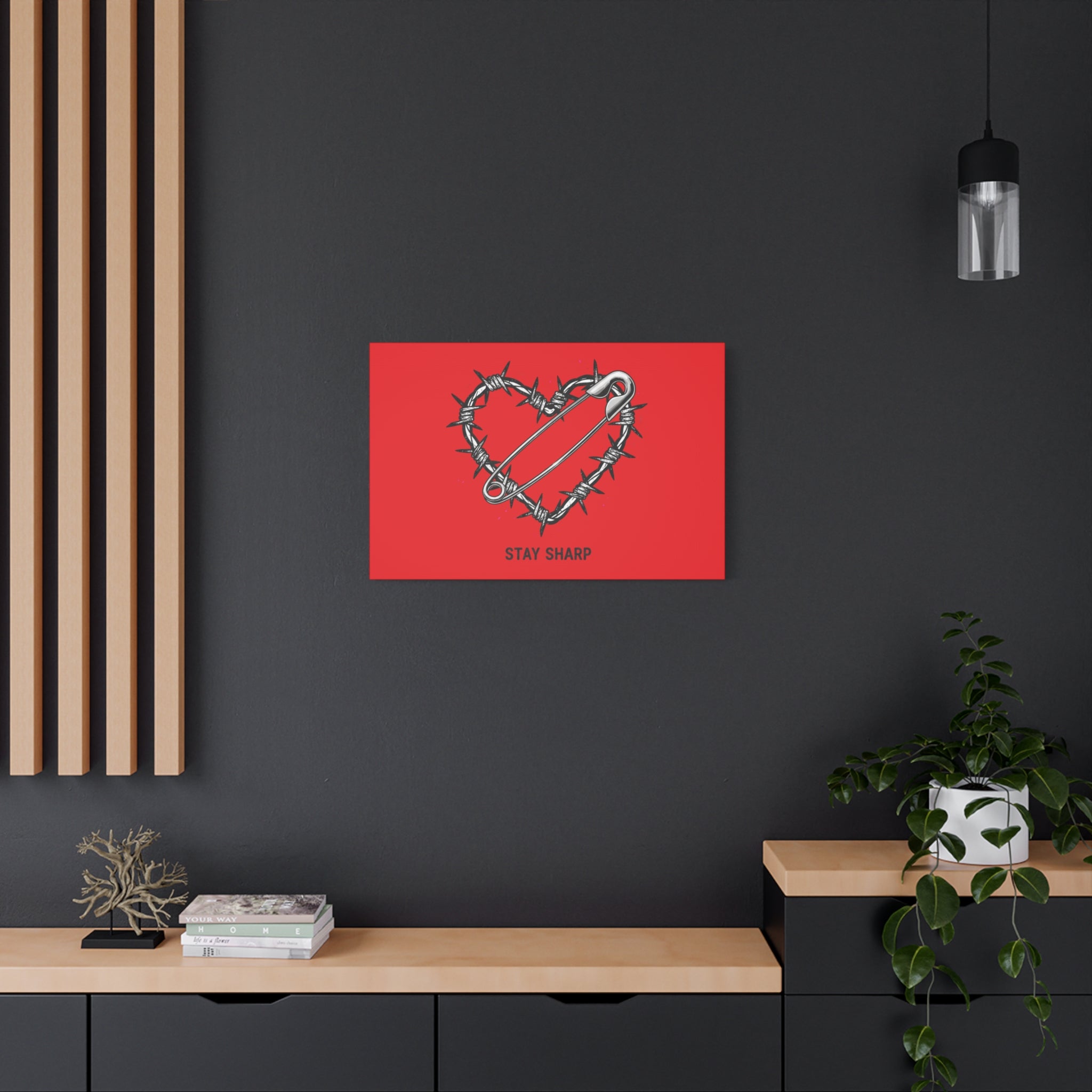 Stay Sharp Barbed Wire Heart Canvas | safety pin art, punk motif