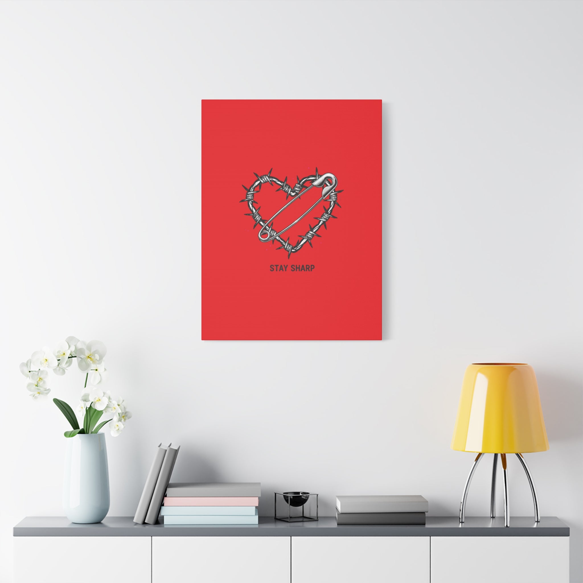 Stay Sharp Barbed Wire Heart Canvas | safety pin art, punk motif