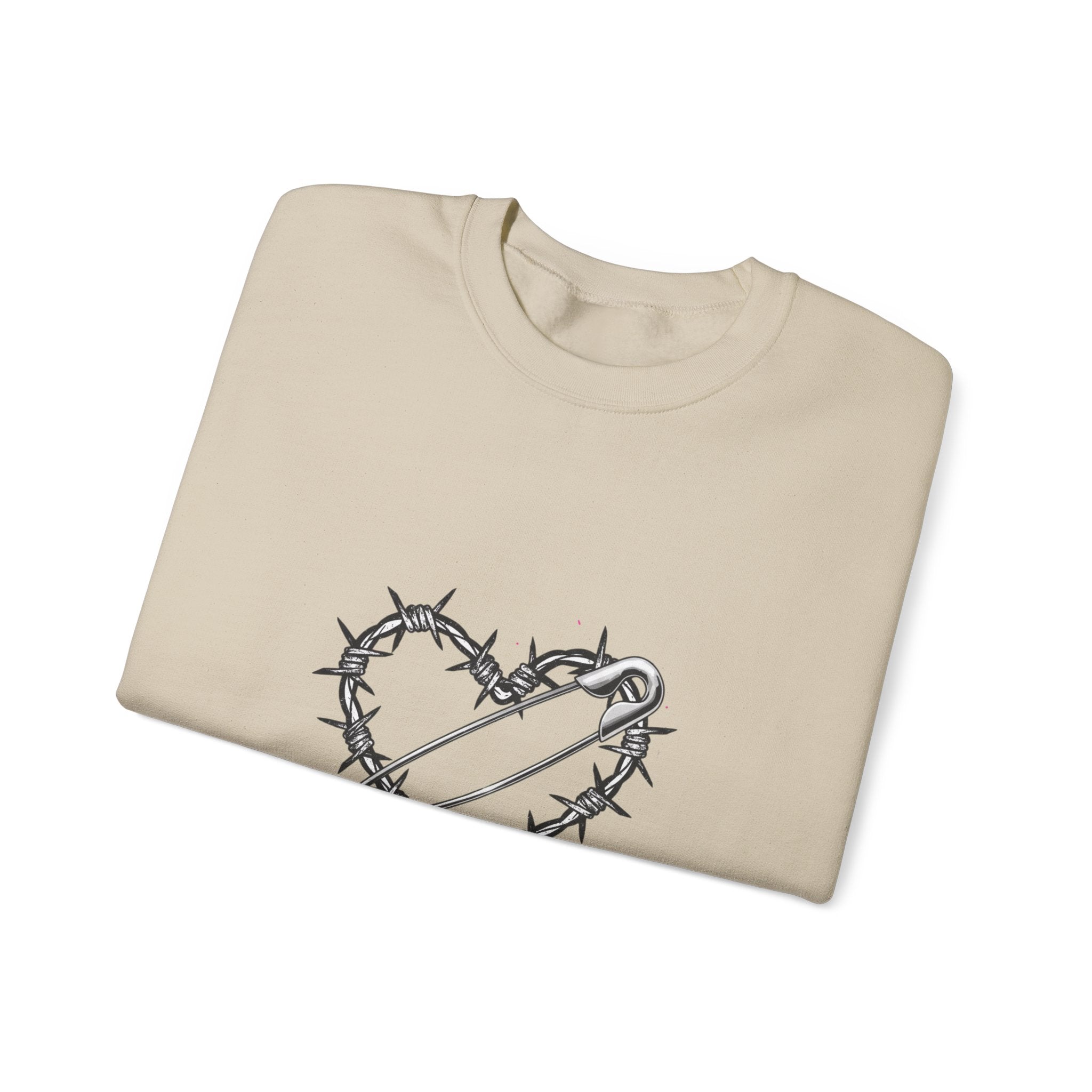 Barbed Wire Heart Crewneck Sweatshirt | safety pin art, punk motif