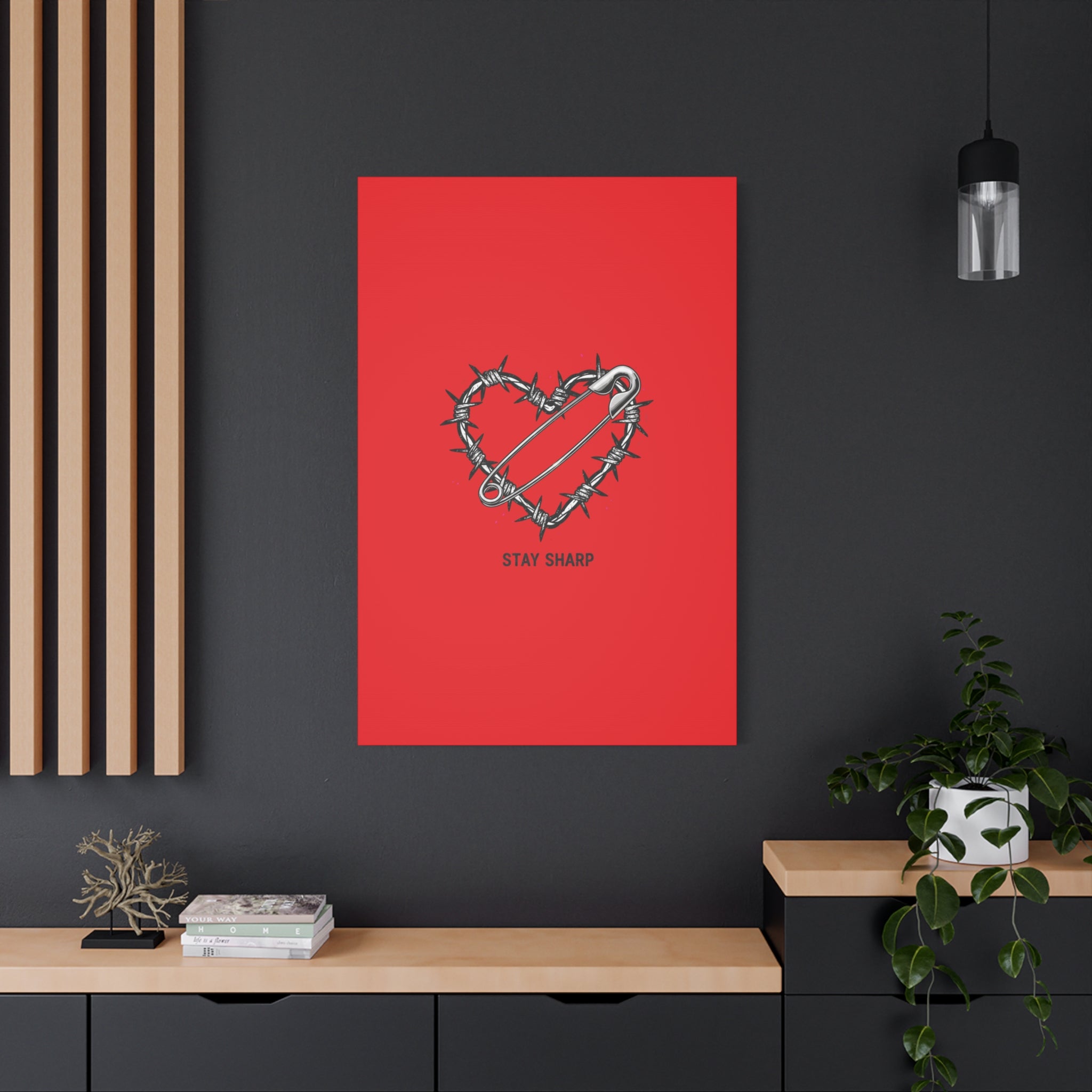 Stay Sharp Barbed Wire Heart Canvas | safety pin art, punk motif
