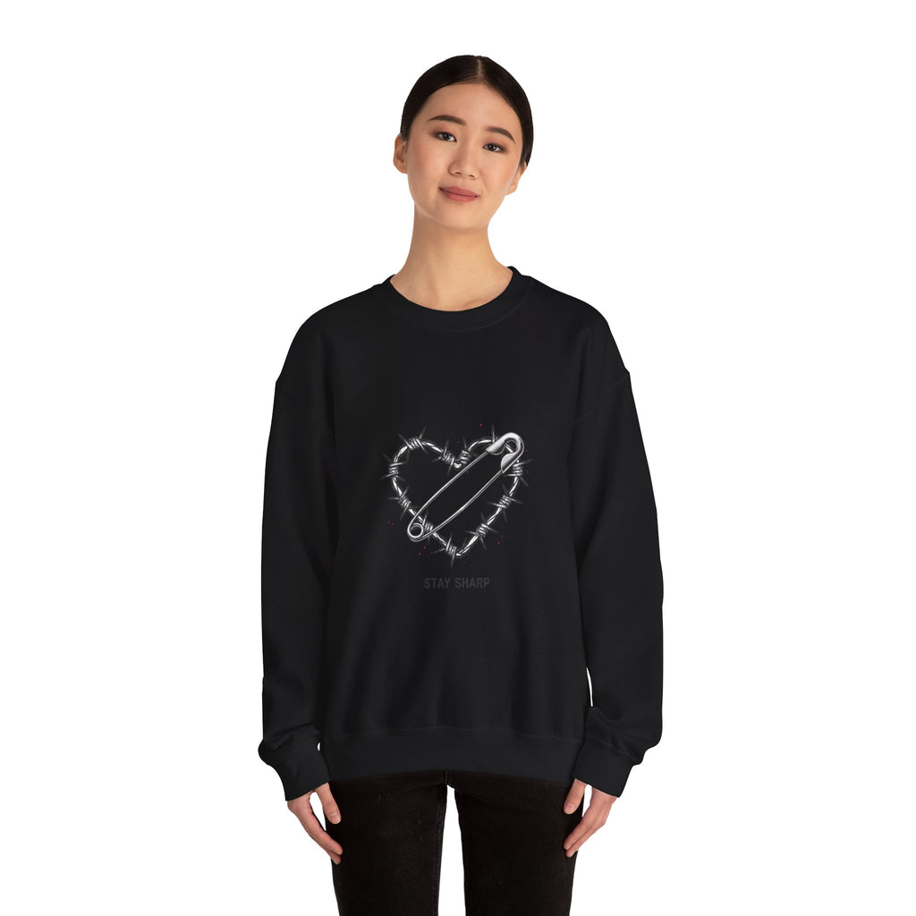 Barbed Wire Heart Crewneck Sweatshirt | safety pin art, punk motif
