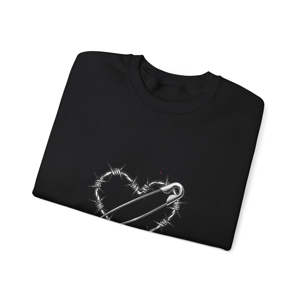 Barbed Wire Heart Crewneck Sweatshirt | safety pin art, punk motif